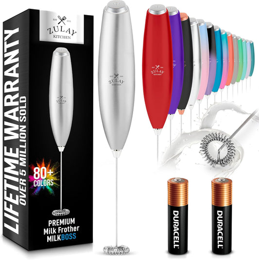 Zulay Kitchen Powerful Milk Frother AA Batteries Included – Ultra Fast Handheld Drink Mixer with Stainless Steel Whisk Stirrer for Coffee, Protein, Matcha & More, Frother Wand Electric Frothmate Black - Colors C