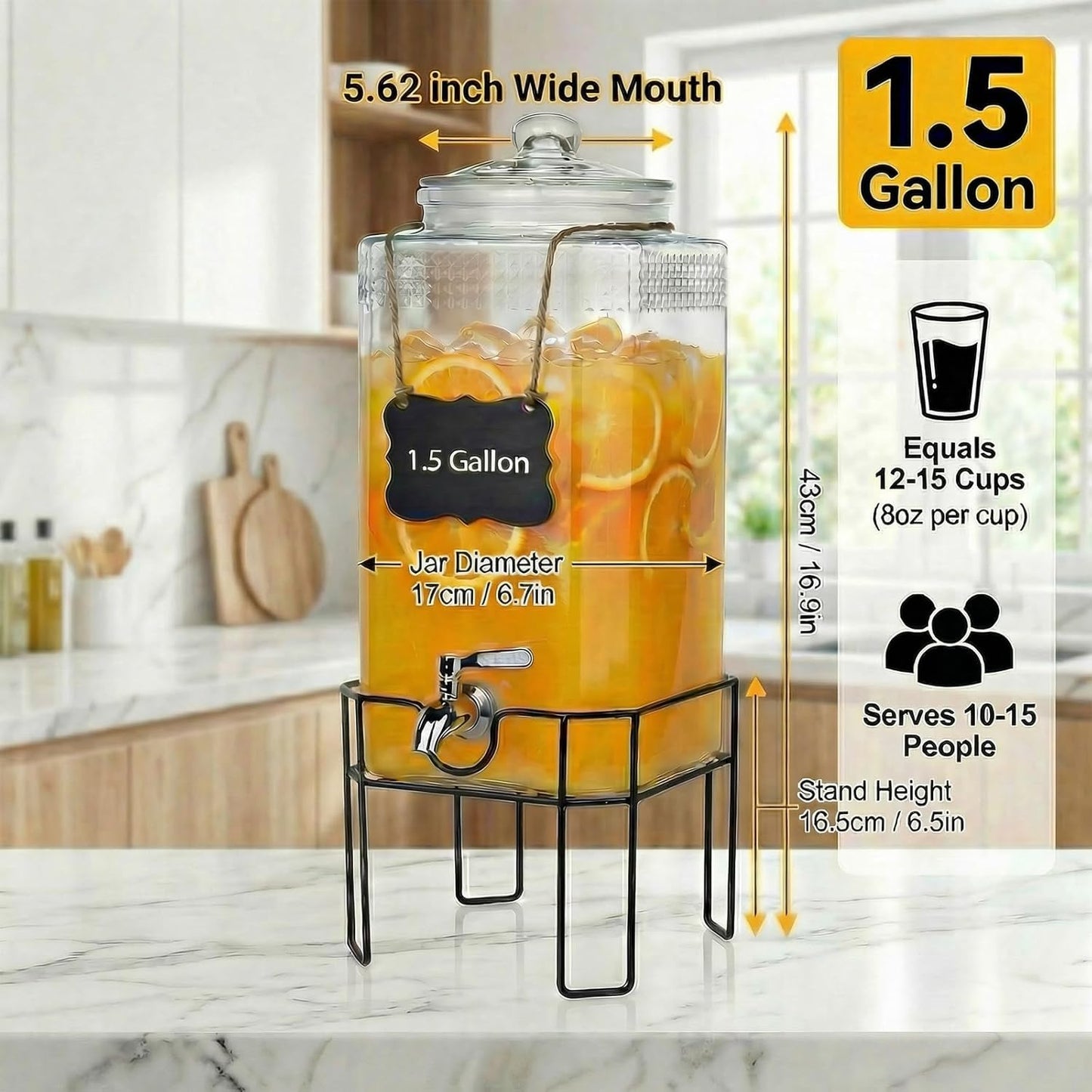 2 Gallon Glass Drink Dispenser, Drink Dispensers for Parties, Beverage Dispenser with Stand and Glass Lid, 100% Leakproof Spigot, Ideal for Lemonade, Juice, Laundry Detergent Dispenser