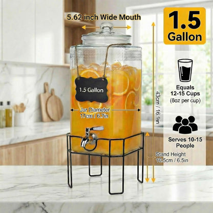 2 Gallon Glass Drink Dispenser, Drink Dispensers for Parties, Beverage Dispenser with Stand and Glass Lid, 100% Leakproof Spigot, Ideal for Lemonade, Juice, Laundry Detergent Dispenser