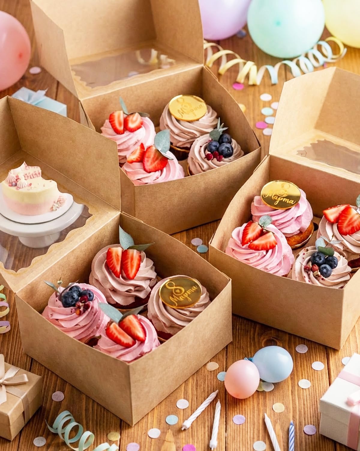 qiqee Auto-pop Up Cupcake Boxes with Window White 40PCS 12 Count Cupcake Box 13"x10"x3.5" Cupcakes Carrier, 12 Cupcake Containers with 2 rolls of pink ribbons