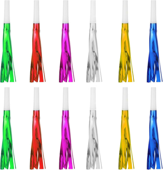 24 Pcs Party Horns, Party blowers Noise Makers, Noise Makers Glitter Metallic Fringed Birthday Blowers for Wedding Birthday Ceremony Festival (6 Colors)