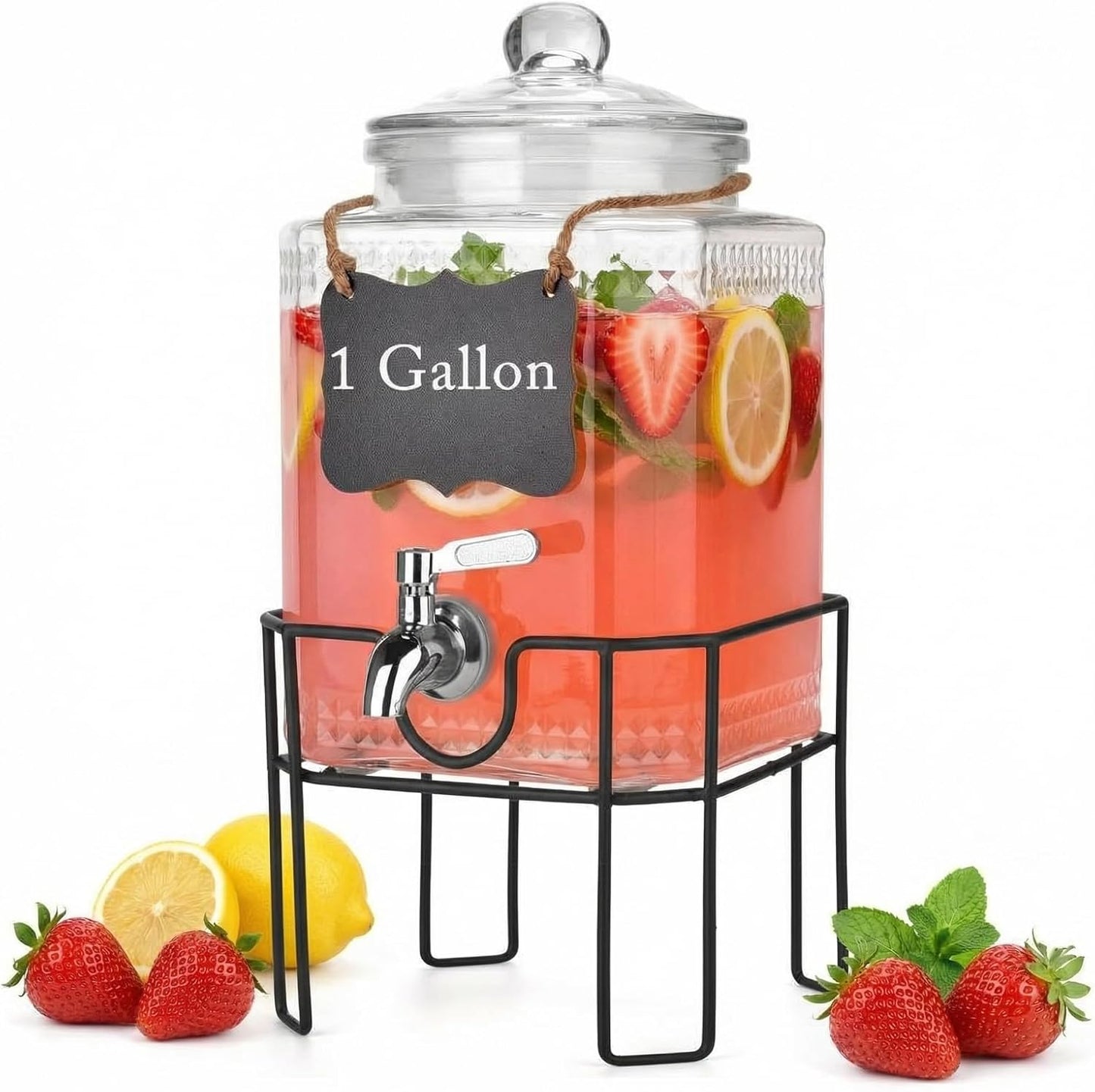 2 Gallon Glass Drink Dispenser, Drink Dispensers for Parties, Beverage Dispenser with Stand and Glass Lid, 100% Leakproof Spigot, Ideal for Lemonade, Juice, Laundry Detergent Dispenser