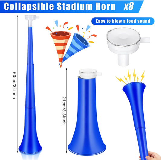 Honoson 8 Pieces Collapsible Vuvuzela Stadium Horn Plastic Blue Cheer Blow Horns Soccer Trumpet Noisemakers Loud Sound for Sporting Events Football Graduation Games School Party Supplies
