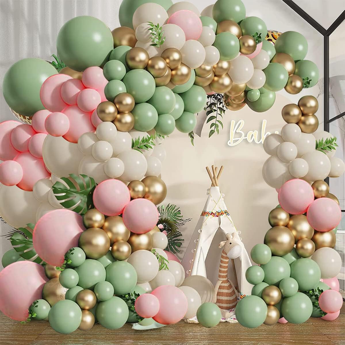 Sage Green Pink Balloons Garland Kit,133pcs Olive Green Blush Pink Sand White Metallic Gold Balloons for Bridal Shower Wedding Birthday Jungle Safari Woodland Party Decorations…