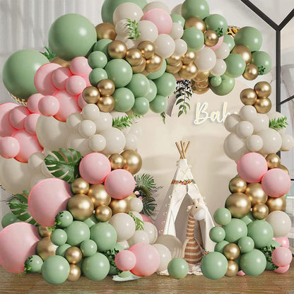 Sage Green Pink Balloons Garland Kit,133pcs Olive Green Blush Pink Sand White Metallic Gold Balloons for Bridal Shower Wedding Birthday Jungle Safari Woodland Party Decorations…
