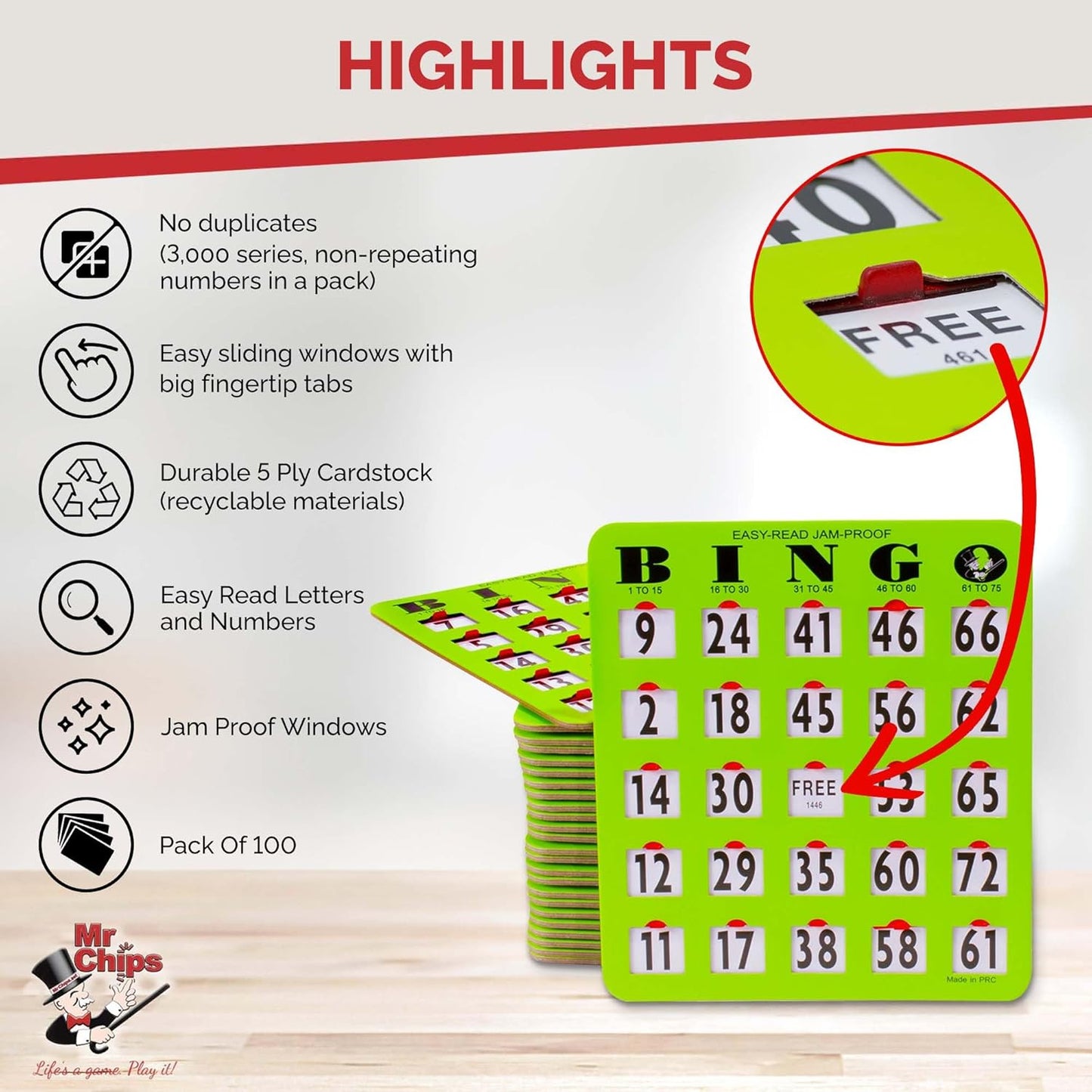 MR CHIPS Jam-Proof Easy-Read Large Print Fingertip Bingo Cards with Sliding Windows - Green 10 Pack - for Seniors, Nursing Homes & Large Groups