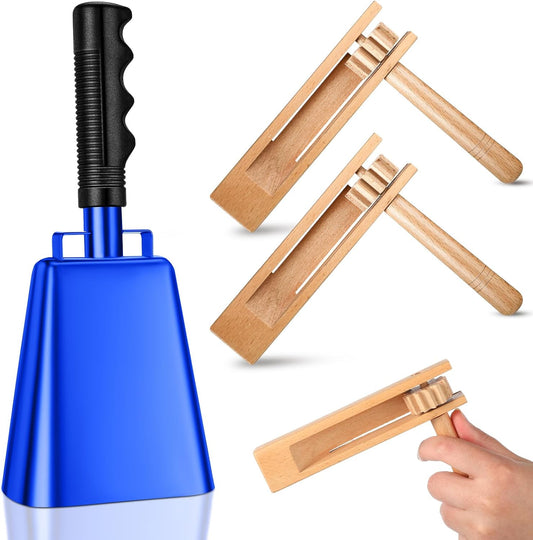 Nuanchu 10 Inch Cowbell Noise Makers for Sport Event Steel Cowbell with Handle and 2 Pcs Wooden Spinning Rattle Ratchet Matraca Cheer Bell Alarm for Football Game Musical Percussion Instruments(Brown)