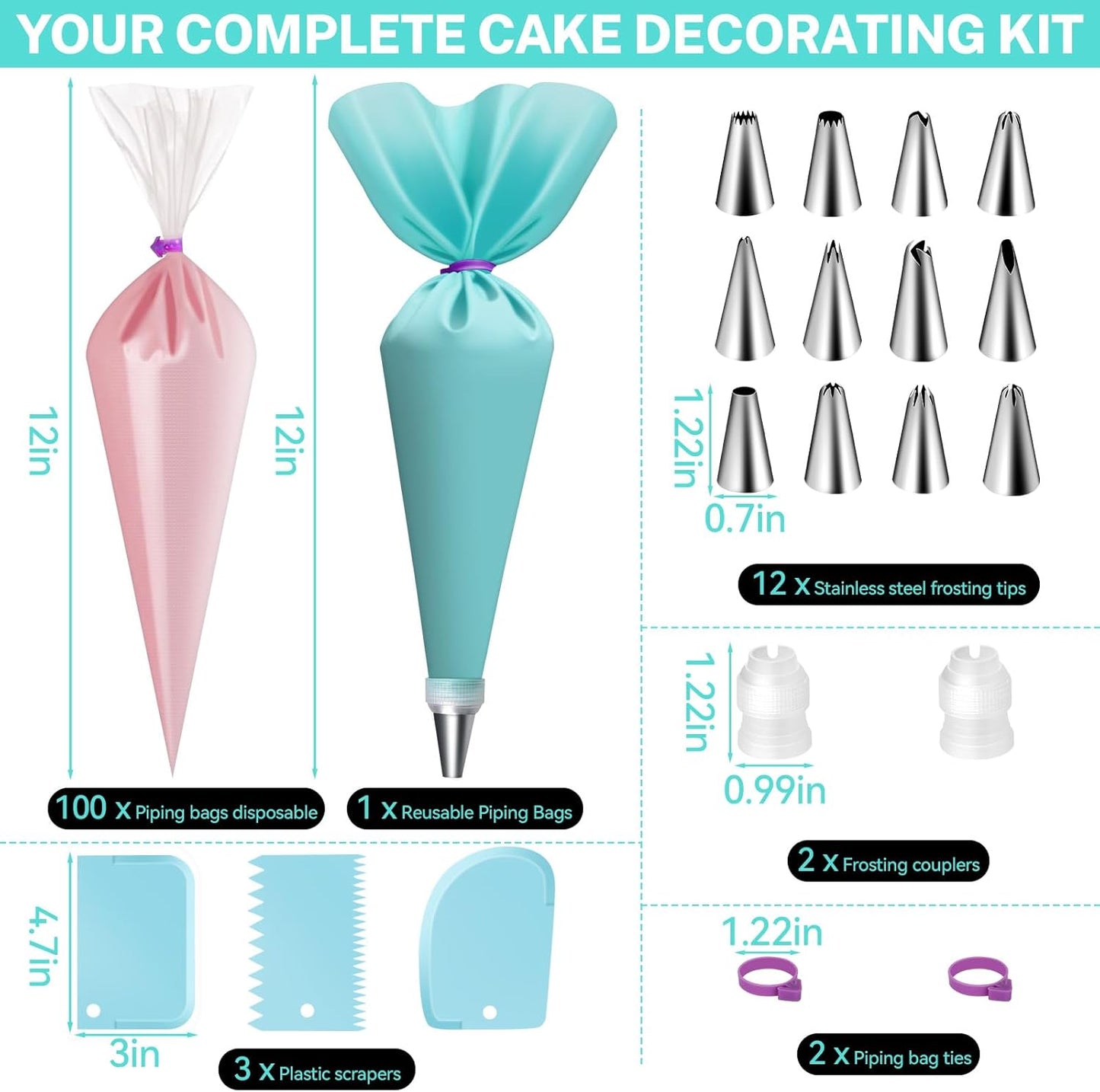 HOTEC Piping Bags and Tips Set, 120 Pcs Cake Decorating Kit with 100pcs 12 Inch Disposable Pastry Bags, 1 Reusable Piping Bags, 12 Piping Tips, 3 Cake Scraper, 2 Couplers, 2 Bag Ties, Baking Supplies