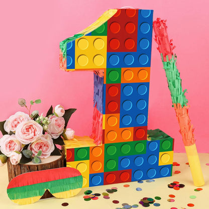 Number 7 Pinata Building Blocks with Pinata Stick Blindfold 7th Birthday Party Decorations Happy Birthday Building Block Theme Anniversary Party Supplies for Kids (Small, 16 x 10.6 x 3 in)