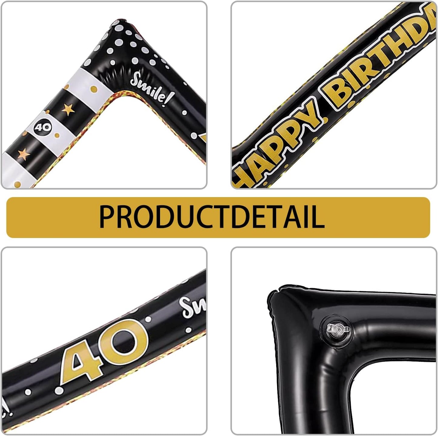 Andiker 40th Inflatable Birthday Selfie Frame, Black Gold Photo Booth Props Funny Picture Frame for Party Decorations