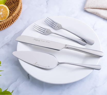 Wedding Cake Knife and Server Set with Forks, Engraved Cake Cutting Set for Wedding Anniversary Christmas Engagement（Gold