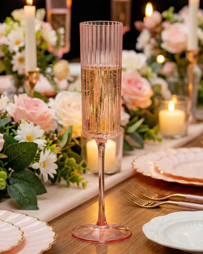 Ciaell 24 Pack Plastic Champagne Flutes - 6oz Ribbed Disposable Champagne Glasses - Clear Vintage Mimosa Glasses with Long Stem, Elegant for Weddings, Birthdays, Party