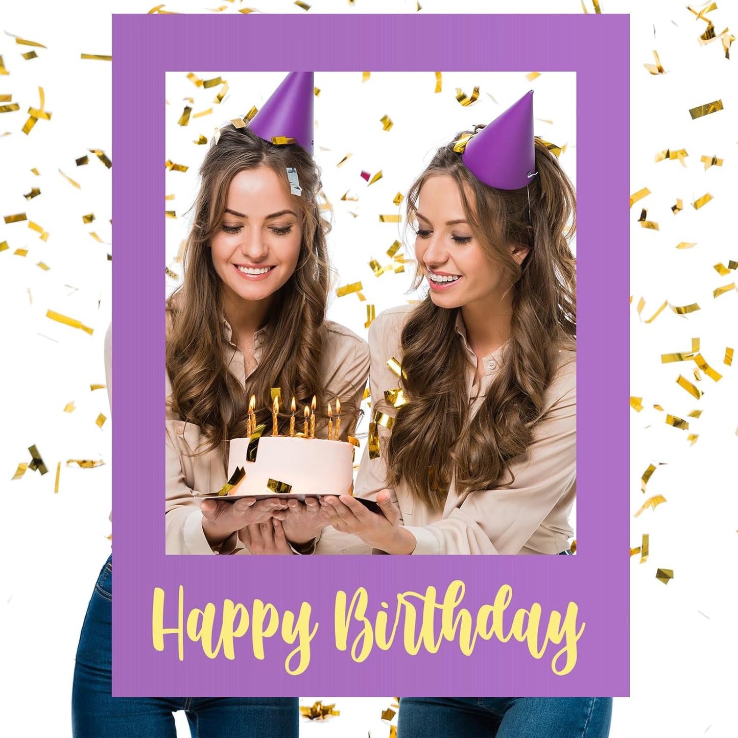 Beeveer 32 x 24 Inch Extra Large Happy Birthday Photo Booth Selfie Frame Props Picture DIY Cutouts Photo Backdrop Cardboard Props for Party Supplies Favors(Vertical,Shiny Gold)