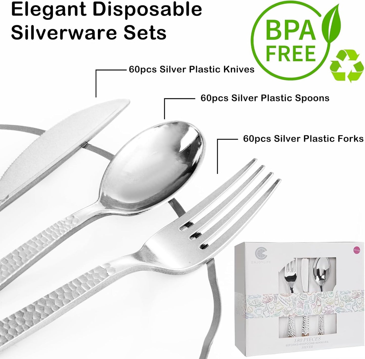 Supernal 180Pcs Silver Plastic Silverware Set, Elegant Hammered Design Heavy Duty Disposable Cutlery, Includes 60 Forks, 60 Knives, 60 Spoons,Silver Plastic Utensils for Wedding, Parties,Events