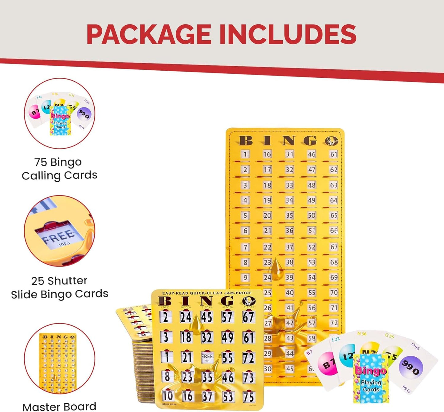 MR CHIPS Jam-Proof Bingo Cards with Sliding Windows, 25 Reusable Shutter Cards, 75 Calling Cards 1 Master Board in Tan Woodgrain Style