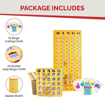 MR CHIPS Jam-Proof Bingo Cards with Sliding Windows, 25 Reusable Shutter Cards, 75 Calling Cards 1 Master Board in Tan Woodgrain Style