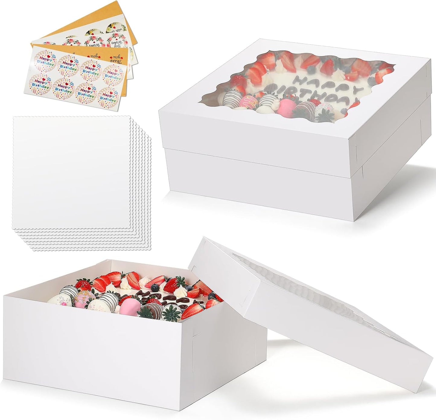 COTOPHER 50 Pcs Cake Boxes 8 Inch, 8x8x5 Inches Cake Containers (25 Boxes & 25 Boards), White Bakery Boxes with Windown for Cookies, Desserts, Cupcake, Pastries, Birthday, Wedding, Mother's Day