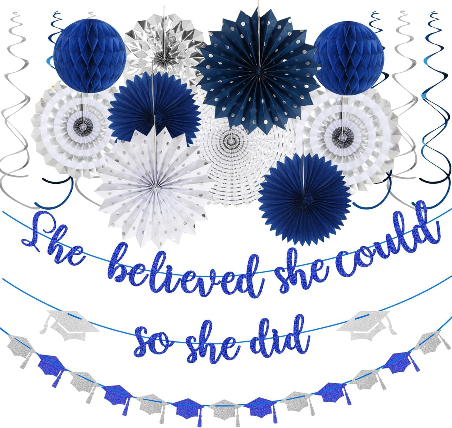 Navy-Blue White Silver Tissue Pom-Poms - 15pcs 5 Size Party Decorations Paper Flowers,Graduation Wedding Baby Bridal Shower Room Hanging Decorations Boy Birthday Party Backdrop Decor Panduola