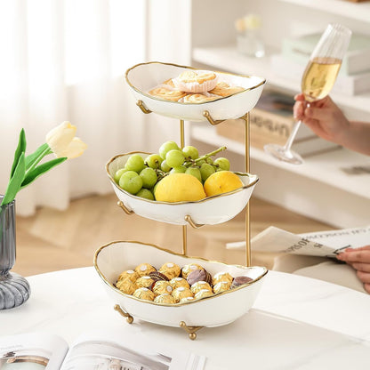 Ceramic Fruit Bowl for Kitchen Counter - 3 Tier Fruit Basket with Metal Stand, Tiered Fruit Stand for Countertop, Snack, Nuts, Cake, Dessert, Cute (Gold, Small) 1