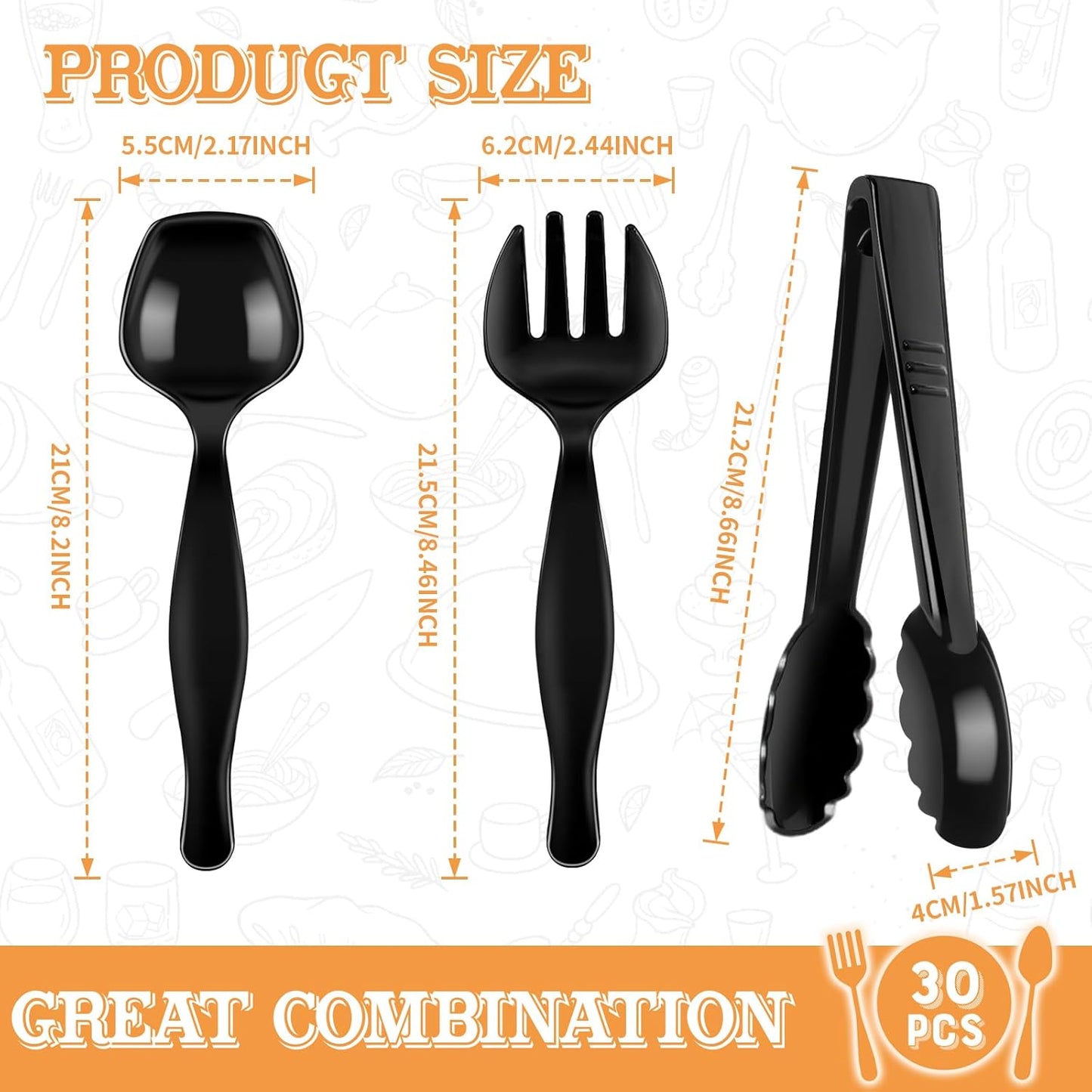 30 Pcs Clear Plastic Serving Utensils Set - Includes 10 Spoons, 10 Tongs, 10 Forks - Heavy Large Disposable Serving Utensils for Parties, Holidays & Events (Clear)