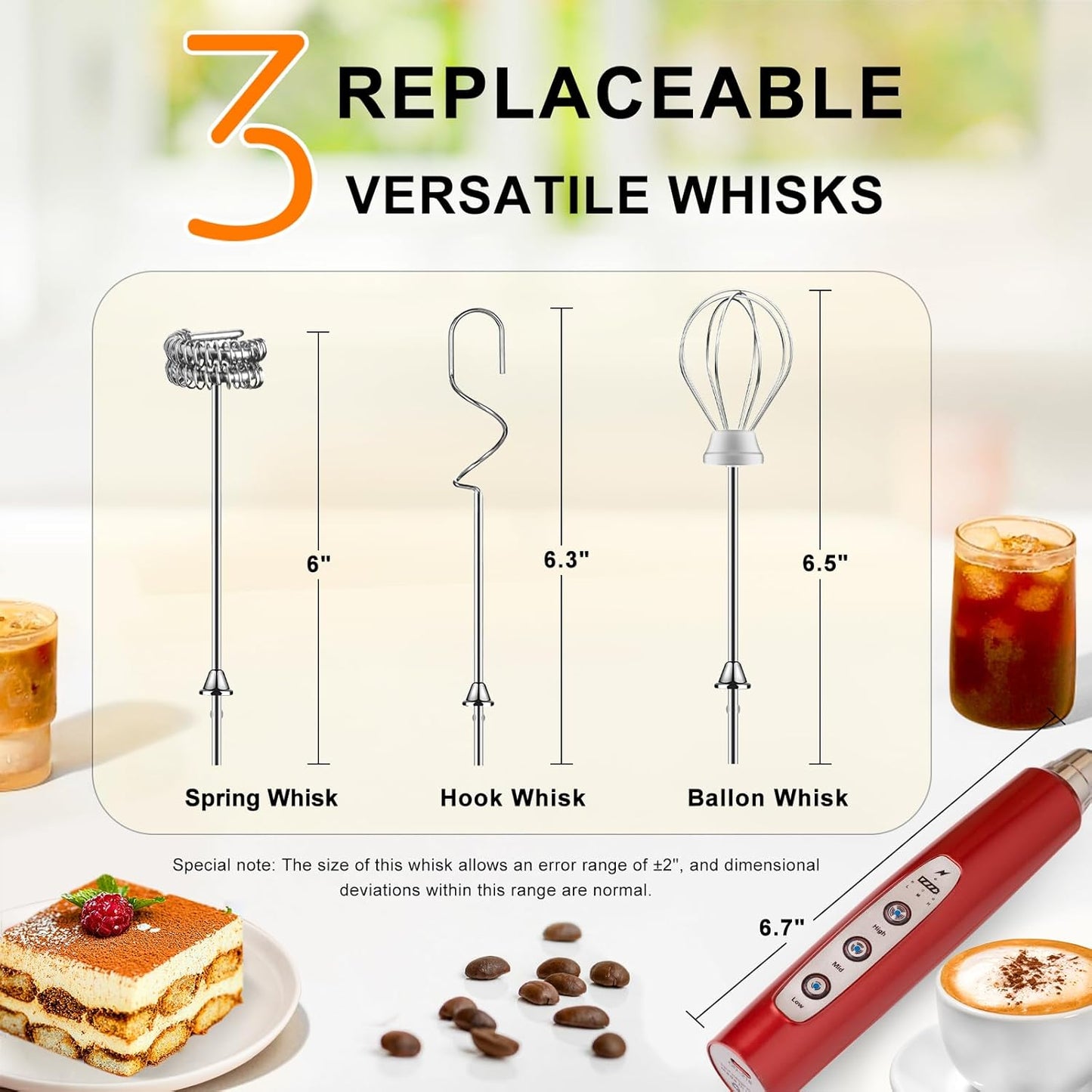 YUSWKO Black Handheld Milk Frother Wand for Coffee, Rechargeable Electric Whisk with 3 Heads 3 Speeds Drink Mixer Coffee Frother For Latte, Cappuccino, Hot Chocolate, Egg