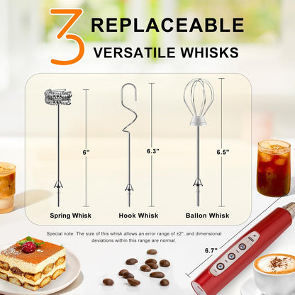 YUSWKO Black Handheld Milk Frother Wand for Coffee, Rechargeable Electric Whisk with 3 Heads 3 Speeds Drink Mixer Coffee Frother For Latte, Cappuccino, Hot Chocolate, Egg