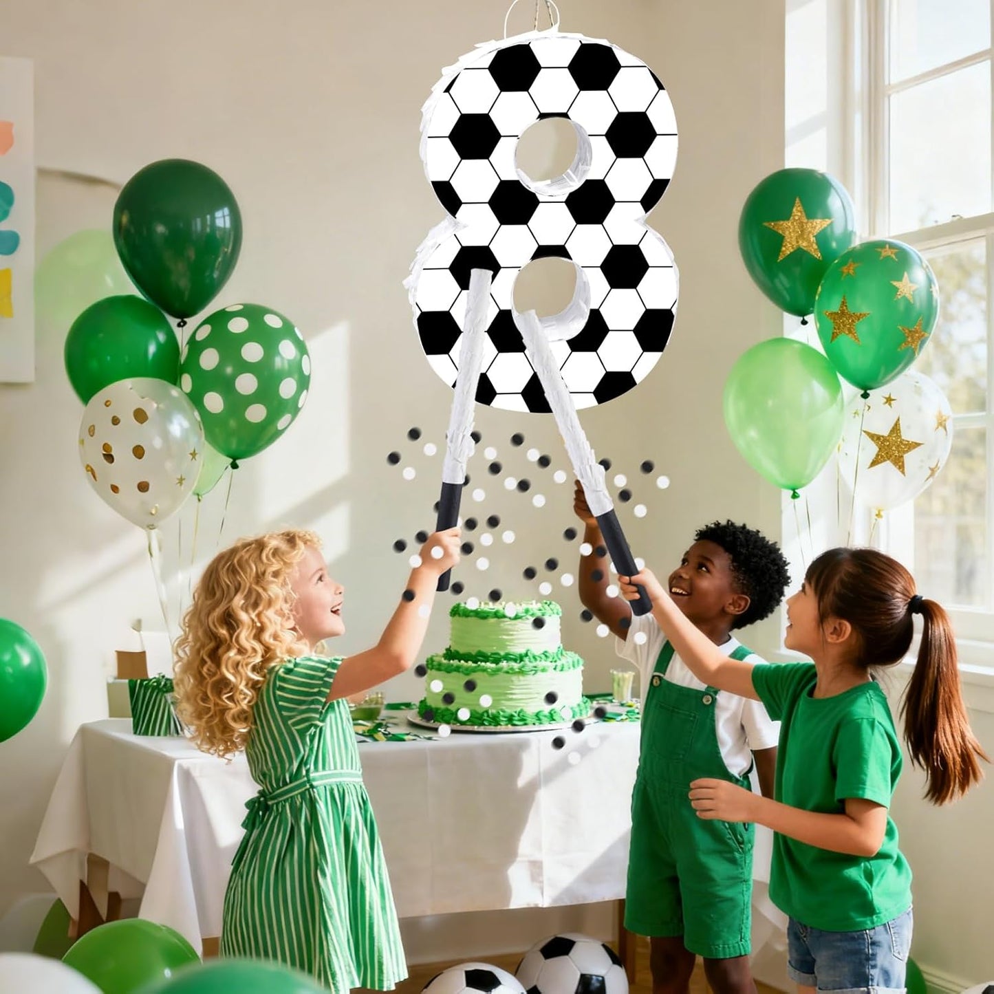 16Inch Soccer Ball Number 9 Piñata Includes Wooden Stick, Blindfold, and Confetti for for Kids 7th Anniversary Sport Themed Party Birthday Supplies