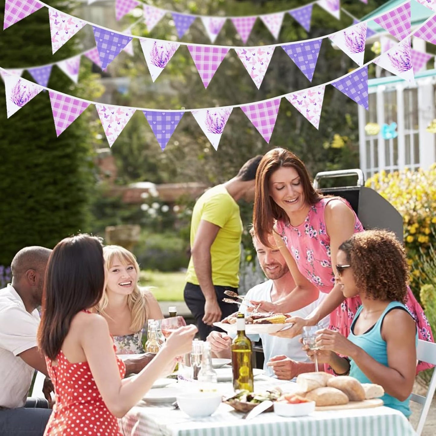 G2PLUS 39Ft Triangle Bunting Banner, 42Pcs Pink Floral Garland Pennant Banner, Reusable Cotton Triangle Flags Party Decoration for Birthday, Wedding, Garden Tea Party, Baby Shower, Room Decor