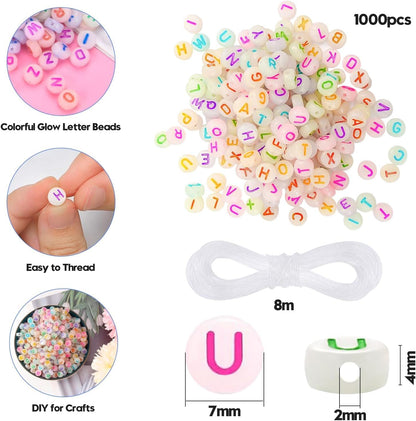 1000Pcs Glow Letter Beads Acrylic Alphabet Bead Glow in The Dark, 4x7 mm Round Beads for Friendship Bracelets and DIY Crafts