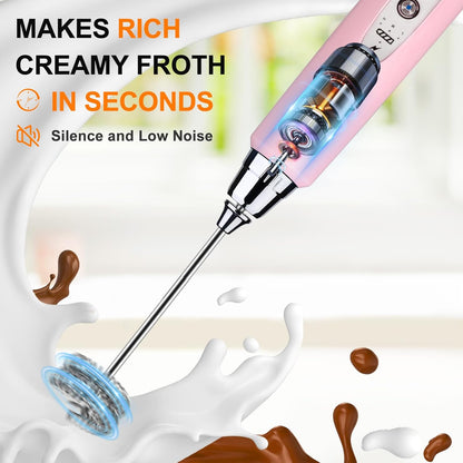 YUSWKO Black Handheld Milk Frother Wand for Coffee, Rechargeable Electric Whisk with 3 Heads 3 Speeds Drink Mixer Coffee Frother For Latte, Cappuccino, Hot Chocolate, Egg