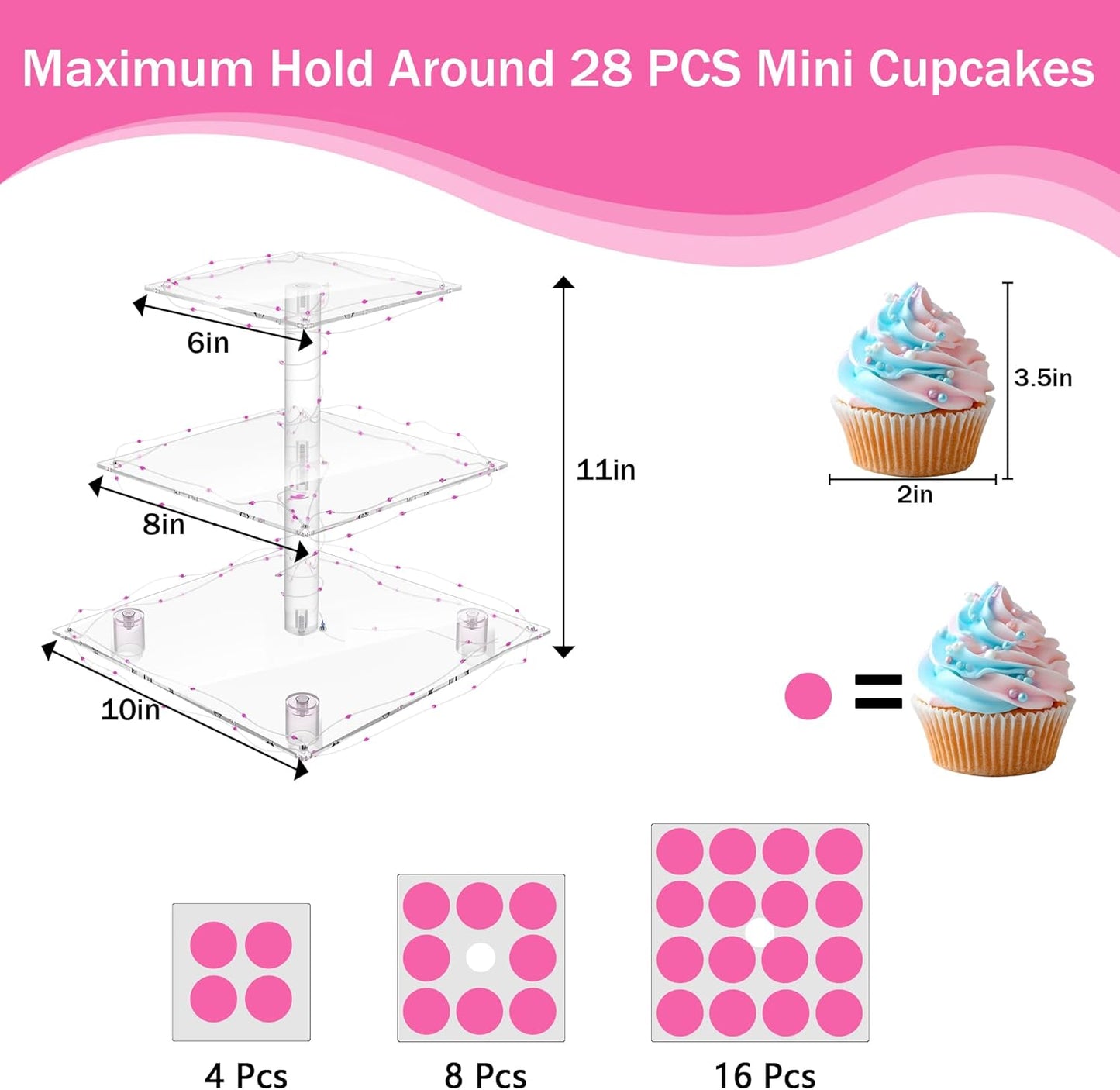 YestBuy Cupcake Stand with Yellow Led Lights, 4 Tier Cupcake Stand for 50 Cupcakes, Acrylic Cupcake Tower Stand, Clear Tiered Cupcake Holder for Birthday Cady Bar Décor Weddings, Parties Events