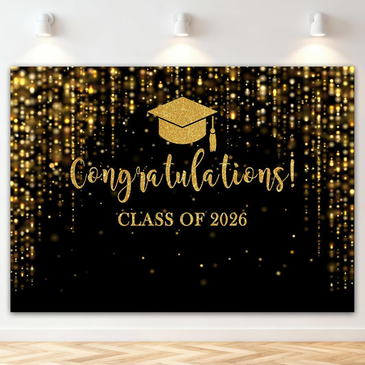 Mocsicka Class of 2026 Backdrop Blue Gold Glitter Bokeh Graduation Party Background 2026 Congrats Grad Prom Party Cake Table Decoration Photo Booth Props (7x5ft)