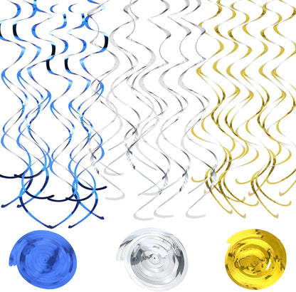 36Pcs Hanging Swirl Party Decorations Foil Decorations Ceiling Swirl Spiral Hanging Plastic Streamer for Ceiling Birthday Graduation Wedding Celebration Baby Shower Party Supply (Black Gold Silver)