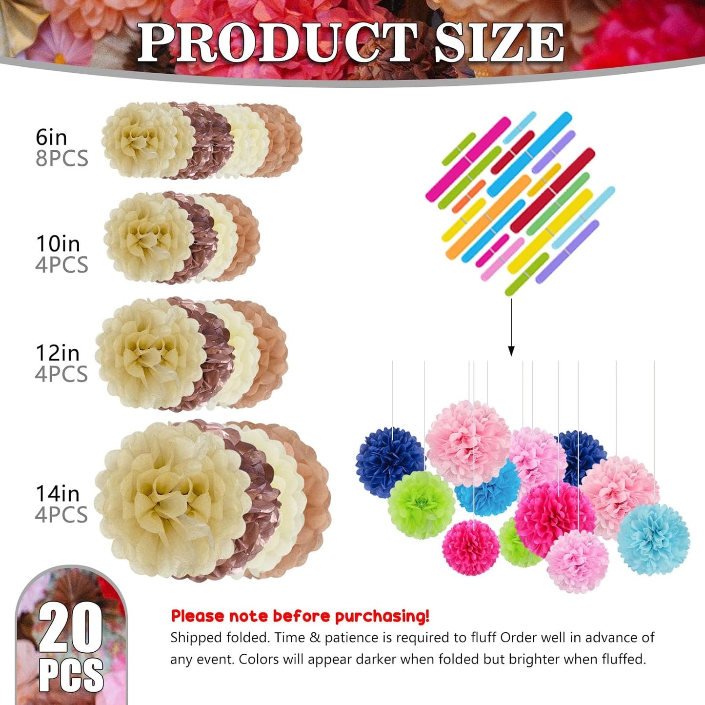 Tissue Paper Pom Poms, Pink Tissue Paper Flowers, Hanging Flower Balls for Weddings Fiesta Parties Birthday Baby Showers Classroom Bridal Shower Decoration (18Piece Set-6/10/12/14Inch)