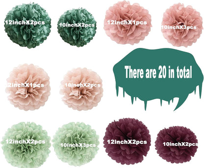 20-Piece Tissue Paper Pom Poms - Hanging Decorations Tissue Paper Flowers for Bridal Wedding Shower Bachelorette Birthday Engagement Party (Burgunday + Boho Green)