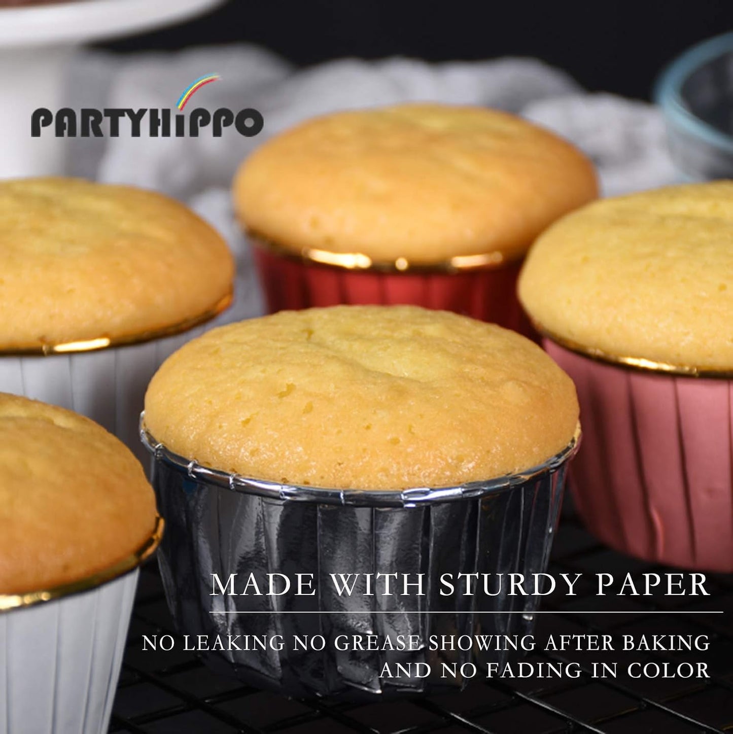 Party Hippo Cupcake Cups, 3.5 Oz 50 pcs Disposable Foil Muffin Liners, Gold Baking Cups, Ramekin Aluminum Cupcake Tip Pan Ramekin Holders, Little Baking Cups (White)