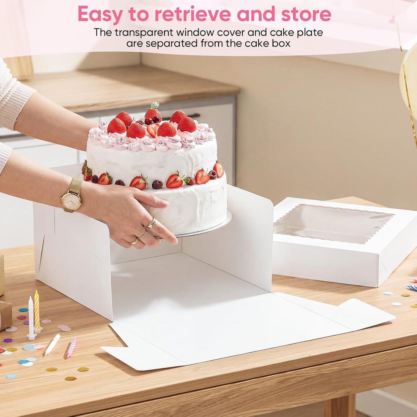 2 Pack 12 x 12 x 8 in Cake Boxes with Window & Cake Boards — Disposable Cake Carrier Boxes with Lid, Includes Stickers, Envelopes, Greeting Cards & Ribbon — Bakery Boxes for Cakes & Cupcakes
