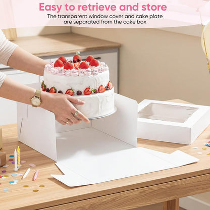 2 Pack 12 x 12 x 8 in Cake Boxes with Window & Cake Boards — Disposable Cake Carrier Boxes with Lid, Includes Stickers, Envelopes, Greeting Cards & Ribbon — Bakery Boxes for Cakes & Cupcakes
