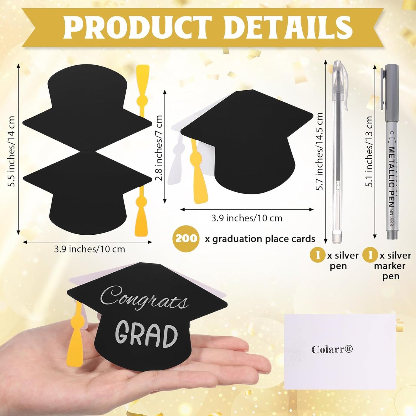 Colarr 2026 Graduate Place Cards with 2 Silver Marker Pen 50 Pcs Black Grad Caps Buffet Food Labels Congrats Grad Folded Tent Name Cards for Graduation Party Table Setting Decorations Supplies