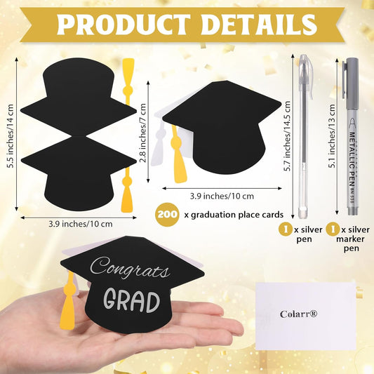 Colarr 2026 Graduate Place Cards with 2 Silver Marker Pen 50 Pcs Black Grad Caps Buffet Food Labels Congrats Grad Folded Tent Name Cards for Graduation Party Table Setting Decorations Supplies