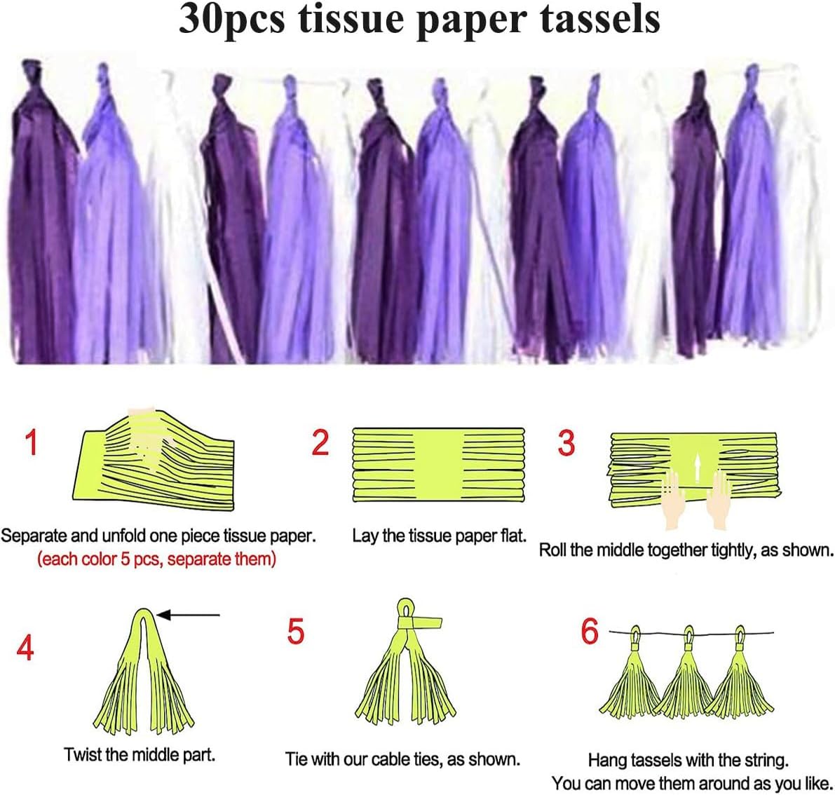 30pcs Paper Tassels Garland Banner Tissue Paper Tassel DIY Hanging Paper Decorations Party Tassel Garland Decor Baby Shower Nursery Wedding Festival Baby Shower Decoration(30, White)