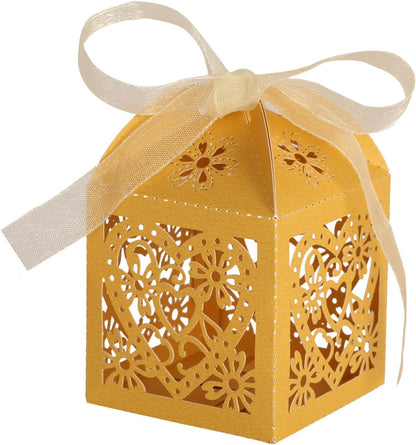KPOSIYA 100 Pack Love Heart Laser Cut Wedding Party Favor Box Candy Bag Chocolate Gift Boxes Bridal Birthday Shower Bomboniere with Ribbons