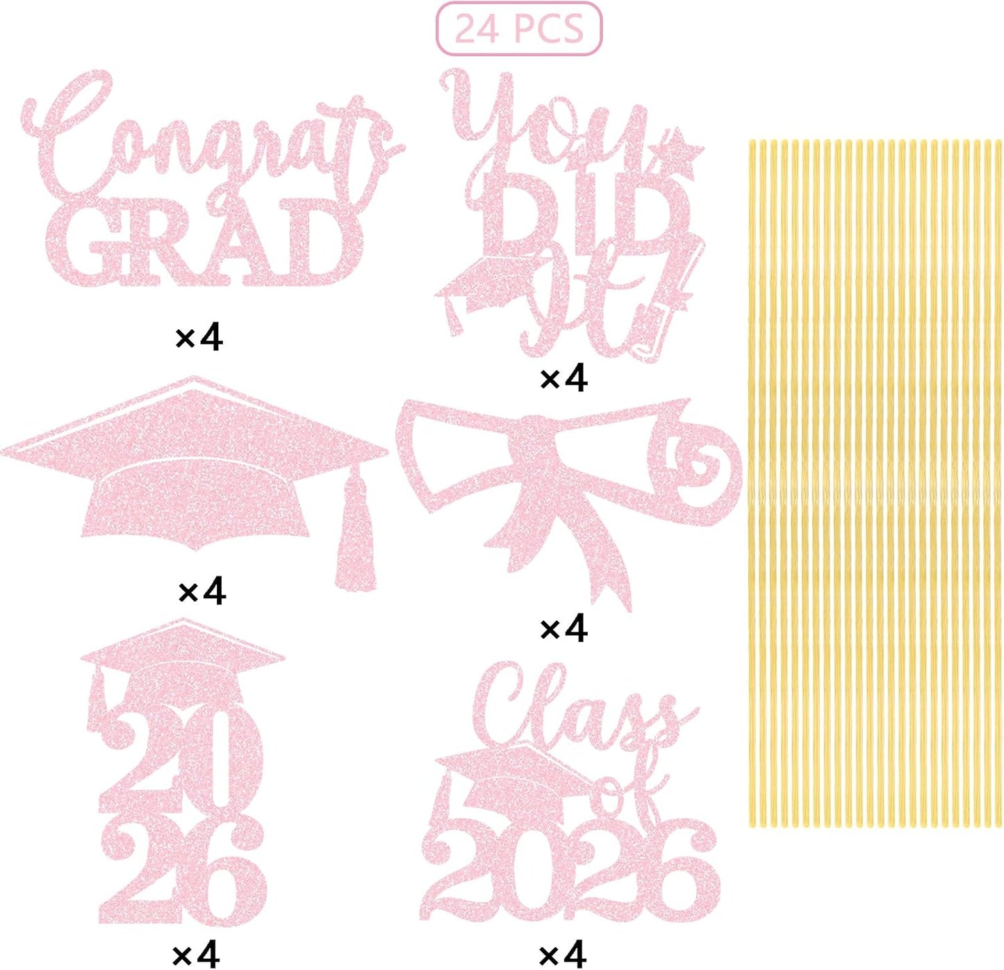 Graduation Centerpiece Sticks 24PCS Glitter Grad Picks Party Table Decor Senior High School College Sign Gold