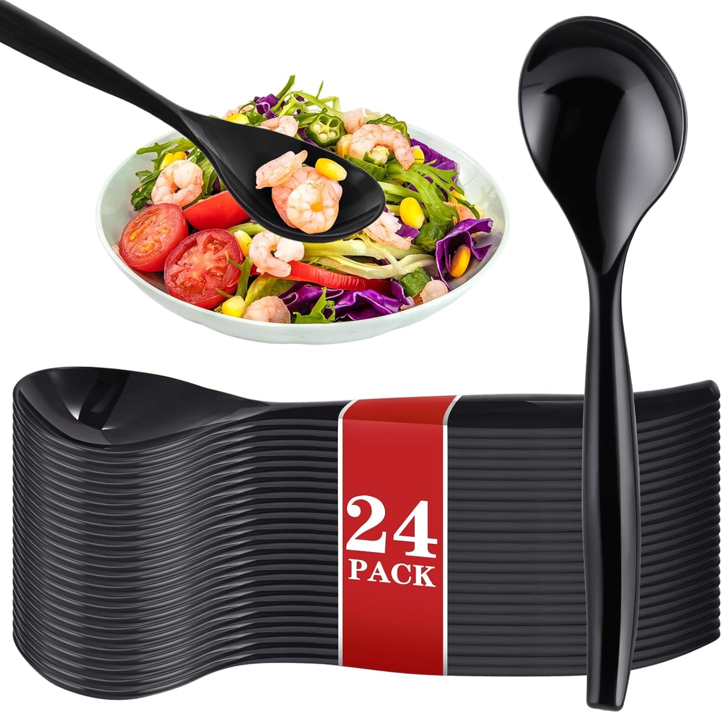 Mwellewm 10" Serving Spoons Plastic Serving Utensils 12 Packs Disposable Spoons for Buffet Large Heavy Duty Black Plastic Soup Spoons Catering Supplies for Parties Weddings Gatherings Holiday