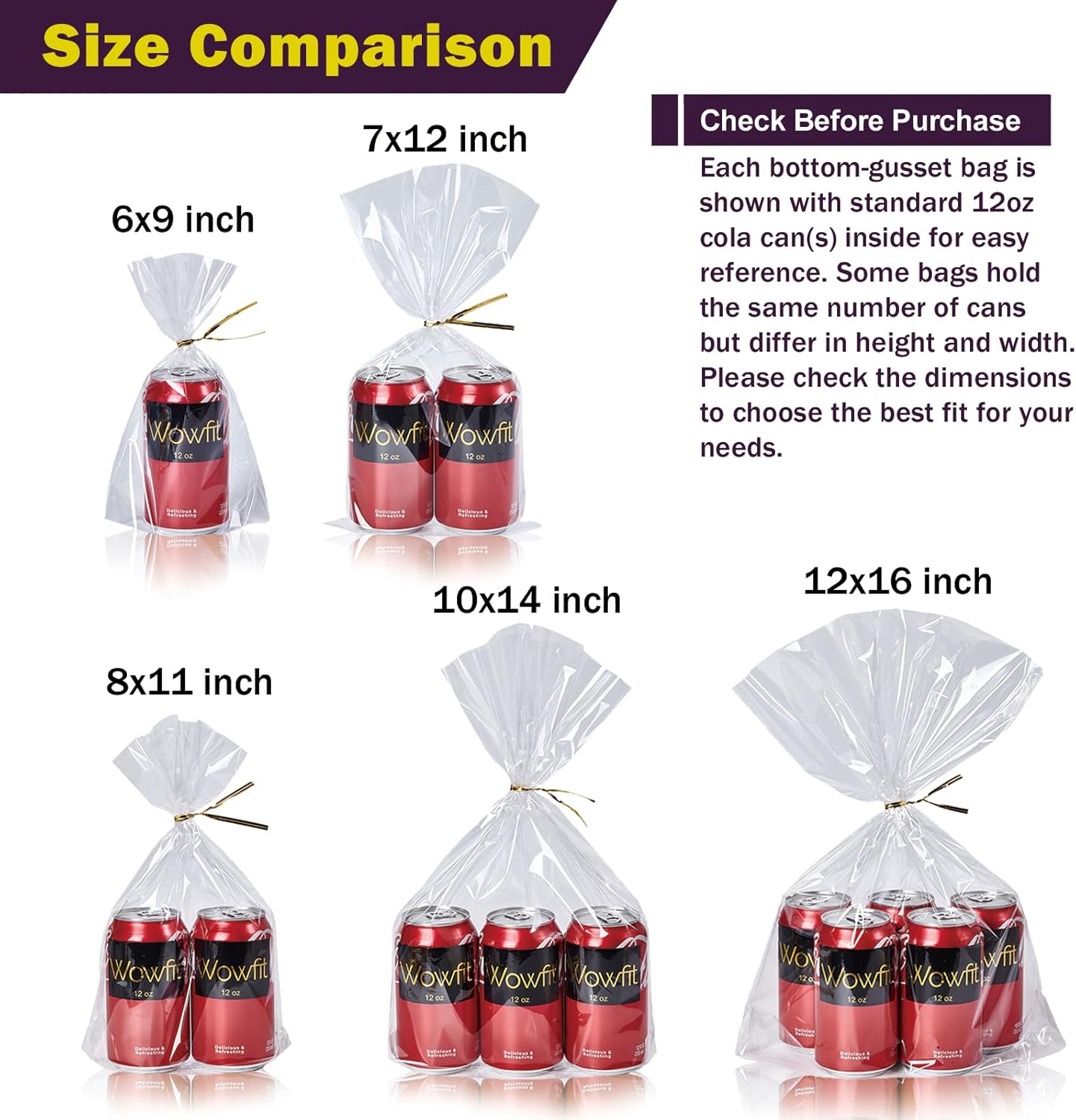 Wowfit 50 CT 8x11 inches Clear Bottom Gusset Cellophane Treat Bags with 6" Gold Twist Ties, Cello Packaging for Mugs, Dessert, Muffins, Party Favors and Gift Wrapping