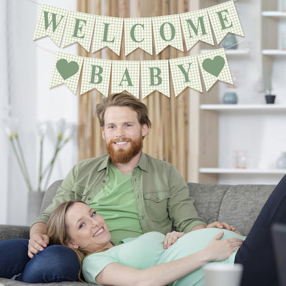 Hahafelt 1 Pcs Blue Gingham Welcome Baby Boy Banner for Baby Shower Party Decorations Pre Strung Gender Reveal Paper Banner for Table, Wall, Mantel Display Party Decor Supplies
