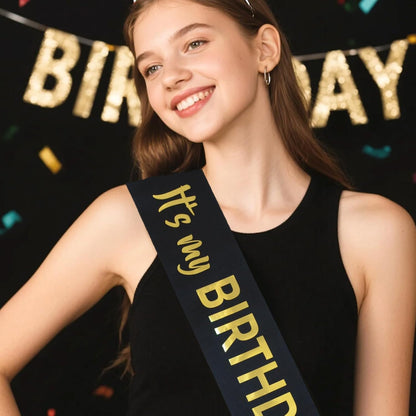 Luwigs It's My Birthday Sash Black Satin with Gold Foil Letter Happy Birthday Sash for Men and Women Party Favors Supplies and Decorations for Sweet 16th 18th 21th 30th 40th or Any Bday Party (Black)