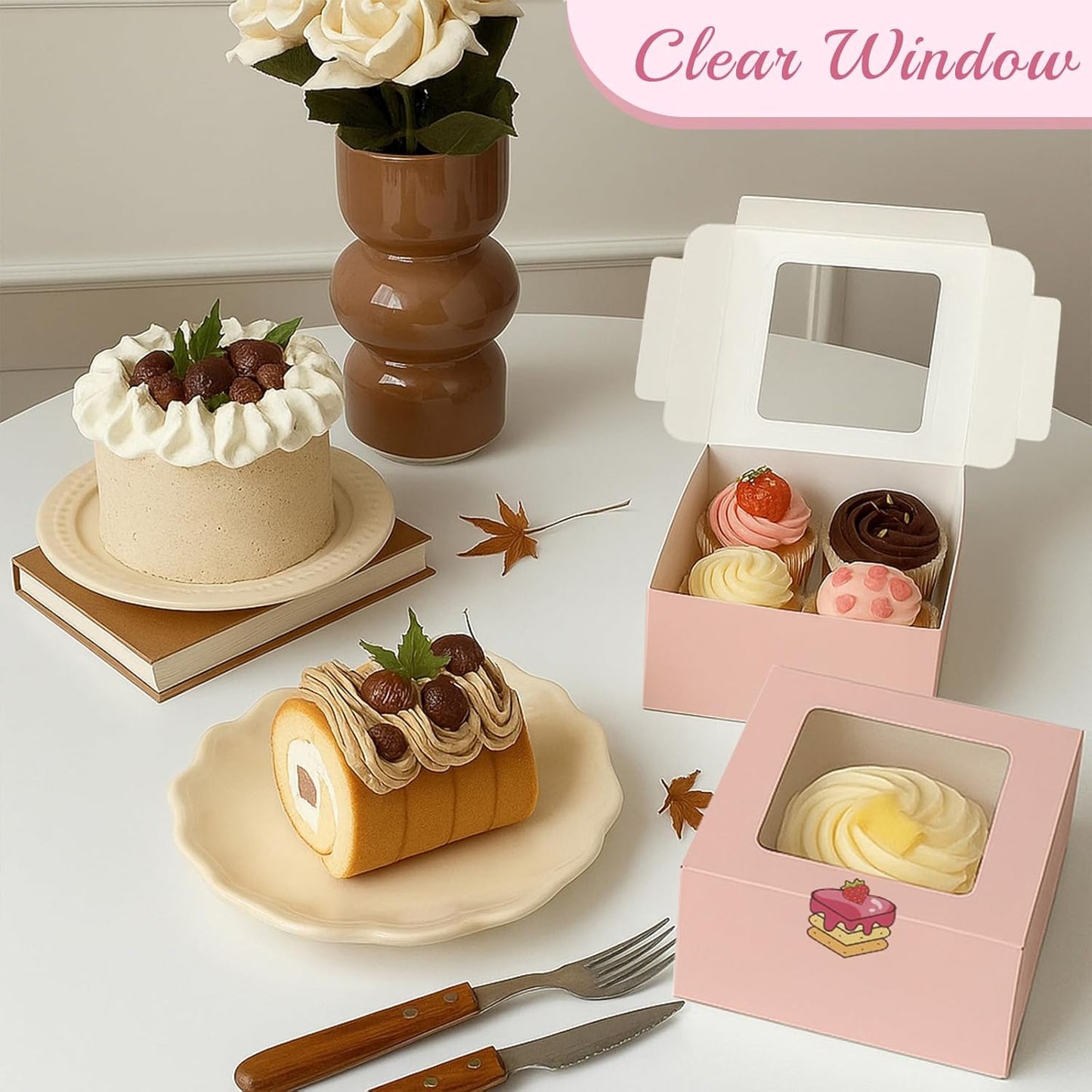 OAMCEG 50 PCS Cupcake Boxes with Window, 6x6x3 Inch Cookie Boxes, Bakery Treat Boxes for Pastry, Dessert, Chocolate Strawberries, Cupcake Containers, Gift Giving with Stickers & Twine （Brown）