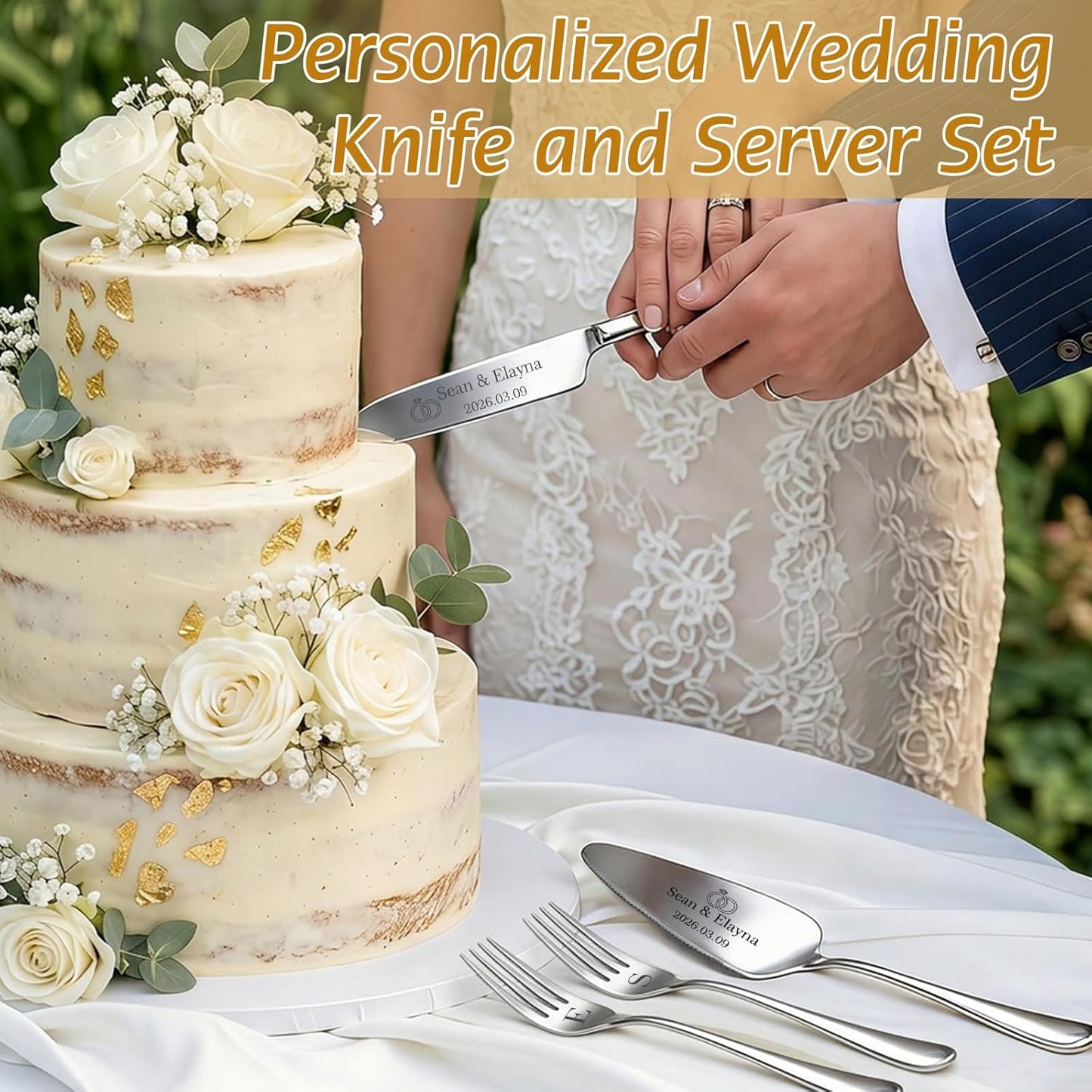 Custom Wedding Cake Cutting Set, Engraved Knife & Server with Names, Ideal Wedding Gift for Couples Bridal Showers Anniversaries (Silver)