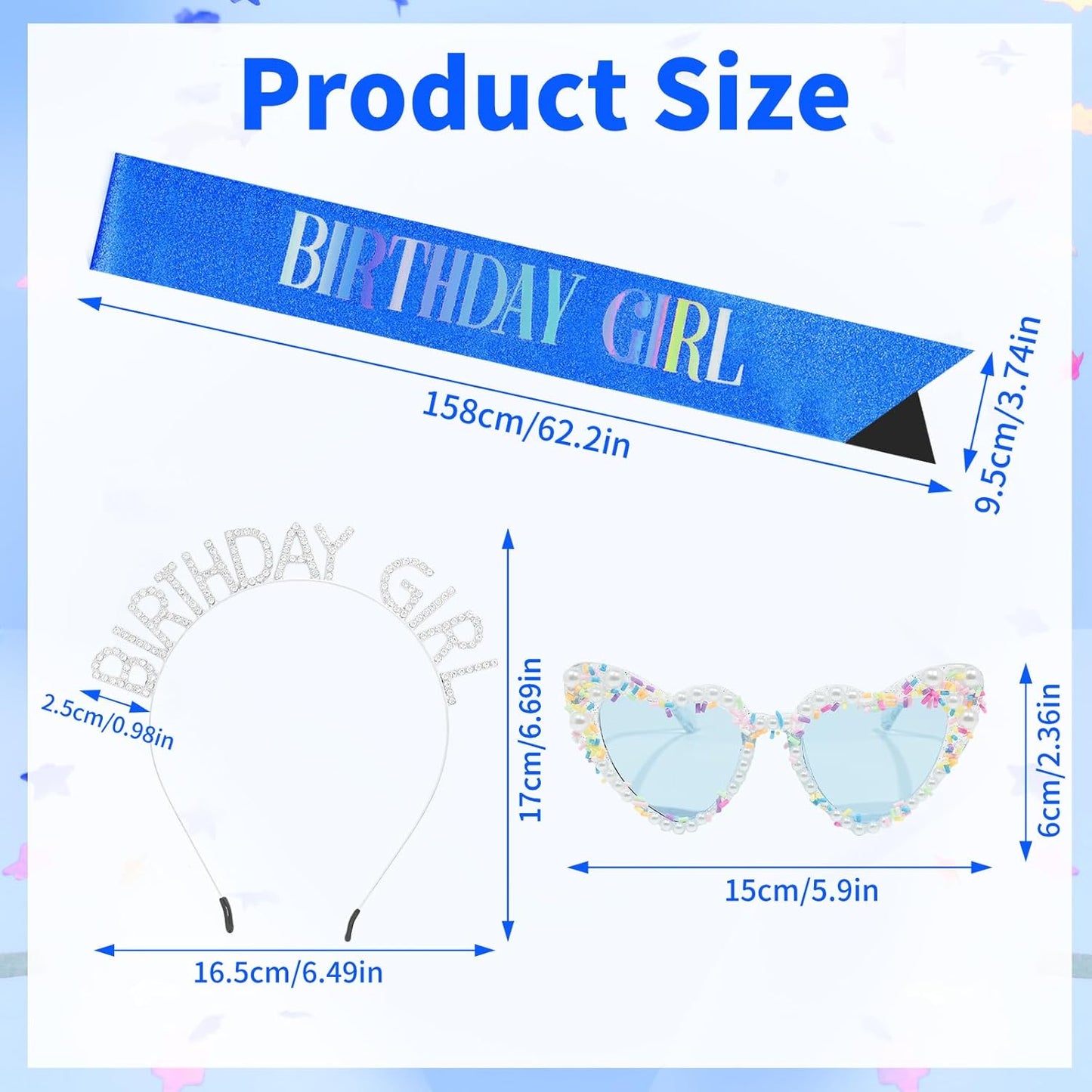 3Pcs Birthday Girl Sash Headband Set-Birthday Sash Tiara and Crown Sunglasses for Girls Women